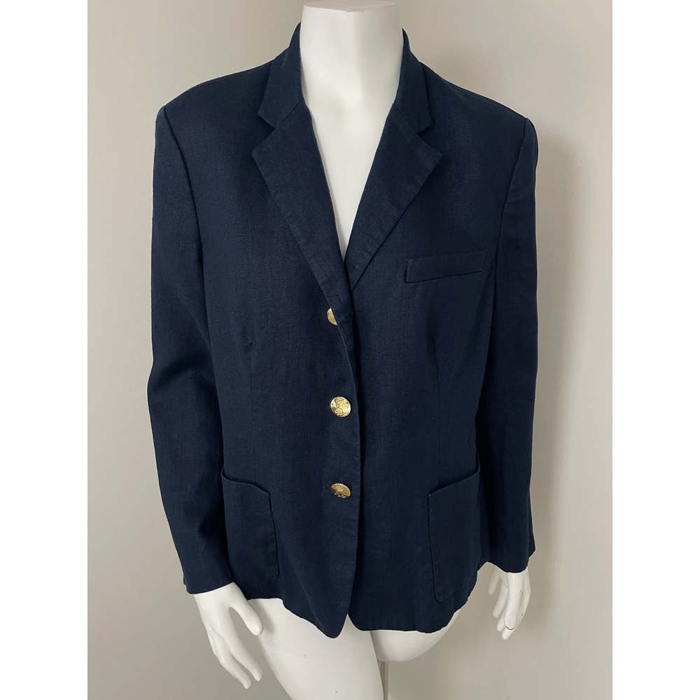 Lauren Ralph Lauren Navy Blue Linen Blazer Gold Crest Button Jacket Womens 14